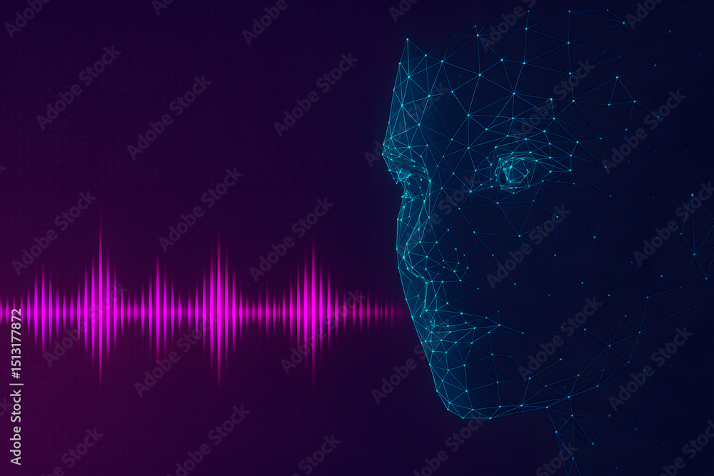 Poster voice recognition powered by ai with digital human concept representing future communication and tec