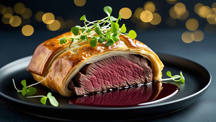 Classic Beef Wellington slice on black plate. Red wine reduction and microgreens. Sophisticated lighting. Ideal for chef portfolios.

