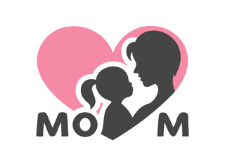 Simple silhouette of a mother and child, perfect for Mother's Day. A stylized black and white silhouette of a mother and child, positioned behind the word "MOM". 