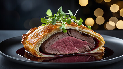 Tender beef fillet in puff pastry with rich jus. Sleek plating enhances gourmet appeal. Ideal for luxury restaurant promotions.