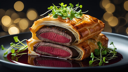 Beef Wellington slice with golden pastry and red wine jus on black plate. Microgreens garnish. Elegant bokeh background. Perfect for fine dining menus.