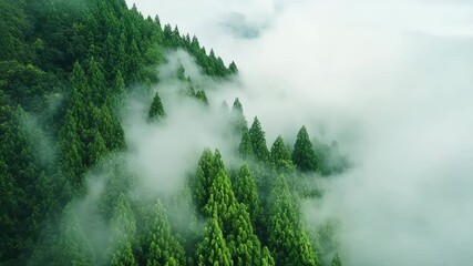 Green forest with mist and fog covering trees creating calm peaceful nature scene - Powered by Adobe