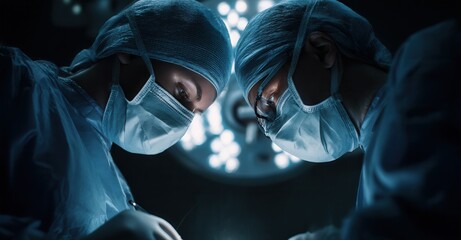 Focused surgeons in masks perform an operation under bright lights. Their concentrated gazes reflect the intensity of the procedure.