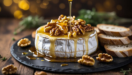 Top view of baked Brie with honey glaze and nuts. Dark background enhances richness. Perfect for holiday entertaining.