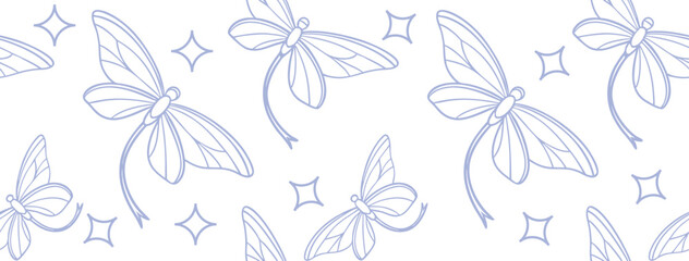 Elegant seamless dragonfly and butterfly pattern in soft blue line art on a white background. Perfect for nature-themed projects, textile prints, or delicate decorative designs. Light, airy, and grace