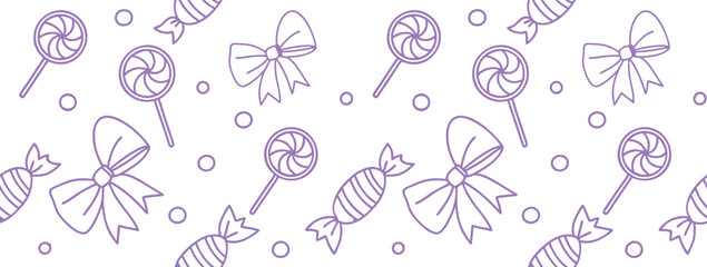 Cute seamless candy, bow, and lollipop pattern in pastel purple outline on white background. Ideal for children’s party themes, sweet packaging, or festive designs. Fun, playful, and whimsical style.