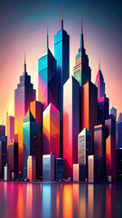 Obraz premium Ilustrasi Pemandangan Kota Berwarna dengan Gedung Pencakar Langit Geometris, Colorful Cityscape Illustration with Geometric Skyscrapers