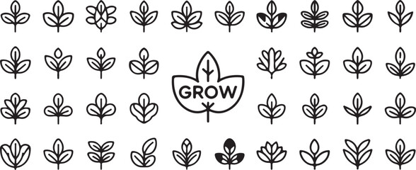 Large Collection of Minimal Leaf and Plant Icons with “Grow” Typography – Hand-Drawn Botanical Line Art for Eco Branding and Nature Designs