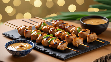 Traditional chicken satay with authentic peanut sauce. Soft golden background evokes tropical vibe. Ideal for culinary travel content.