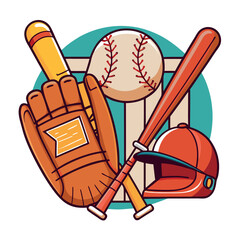 Cartoon Baseball Still Life Bat, Glove, Ball, Cap, Sport Equipment Iconography