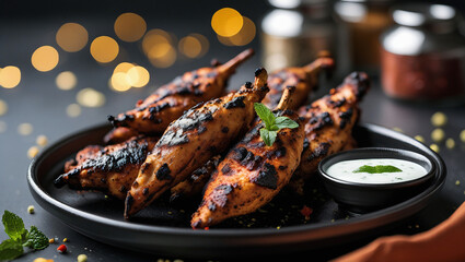 Tandoori style chicken tikka with crispy char. Dark plate highlights vibrant color. Perfect for global street food content.