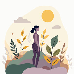 Health and Environment Interconnection: Abstract Vector Art Depicting Human Silhouette Emerging from Symbolic Plants. Representing Wellness, Clean Air, and Sustainable Living. Conceptual Design for