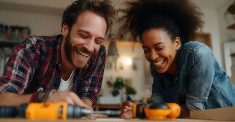 Joyful couple laughs while working on a DIY project, using tools and plans on a table, filled with laughter and collaborative spirit.