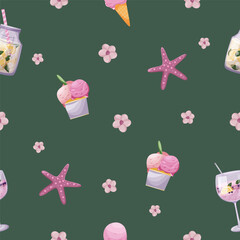 Bright summer vector seamless pattern with ice cream, cocktails, lemonade, starfish and pink flowers on a dark green background. Fabric textile design element. 