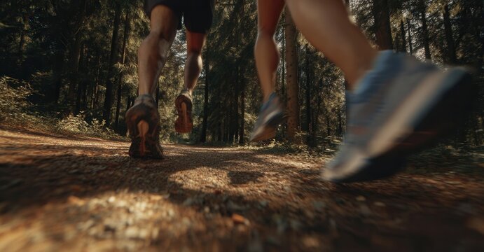Forest runners speed through the trees. The dynamic shot emphasizes motion and nature in this fitness journey. Ground view. Forest path running