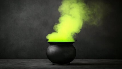 Black cauldron with green smoke vapor rising on dark background and eerie moody atmosphere - Powered by Adobe