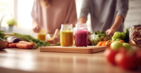 Two mason jars filled with vibrant, healthy smoothies sit on a wooden cutting board, with a couple preparing food in the background.