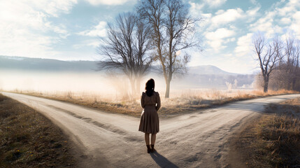 Abstract image of a woman standing at a symbolic crossroads capturing the emotional intensity of critical life choices and the fear of stepping into the unknown with no way to turn back