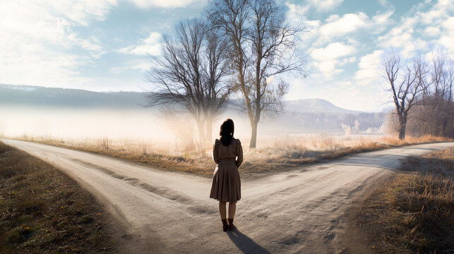 Abstract image of a woman standing at a symbolic crossroads capturing the emotional intensity of critical life choices and the fear of stepping into the unknown with no way to turn back