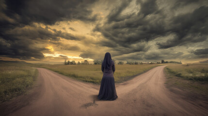 Abstract image of a woman frozen at a crossroads under a moody sky capturing the anxiety, reflection, and emotional vulnerability experienced before taking a leap into the unknown