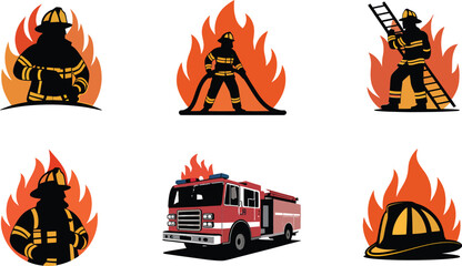 Illustration of Firefighter Silhouette in Flames, Heroic Emergency Responder Icon on Black Backdrop, Firefighting Profession