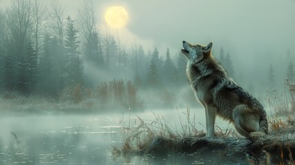A lone wolf howling at a full moon in a hauntingly beautiful nighttime landscape, the scene captured with a clarity and depth that feels almost tangible