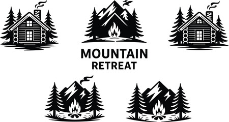 Fototapeta premium Monochrome Mountain Retreat Logo with Cabins and Pine Trees Silhouette for Outdoor Adventure Brand Identity Design
