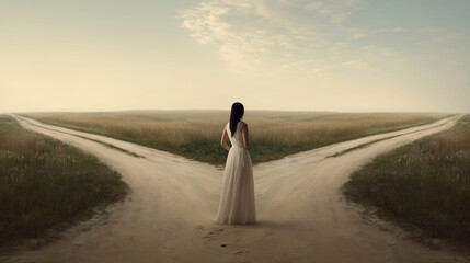 Abstract image of a woman caught between two paths at a fork in the road symbolizing the emotional tension of feeling pulled in opposite directions by desire, logic, and fear