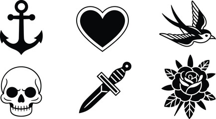 Simple  with Anchor, Heart, Trident, and Rose Silhouettes for Nautical and Symbolic Designs, Vector