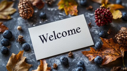 Naklejka premium Autumnal invitation: A cozy arrangement of natural elements conveying a warm welcome message on rustic stone background