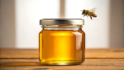 Golden Honey Jar with Busy Bee above Wooden Table