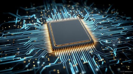 Close-up view of a microprocessor on a circuit board with glowing connections and digital elements - Powered by Adobe