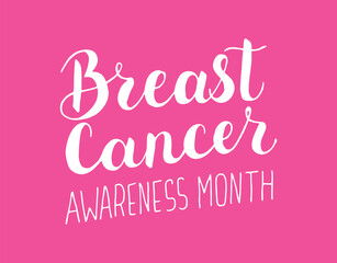 Breast Cancer awareness month pink banner with typography. Handwritten white words. Hand drawn Calligraphy lettering. Text poster card.