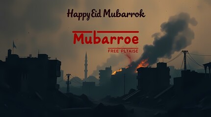 Silhouette cityscape at dusk, with a burning building and text wishing Eid Mubarak
