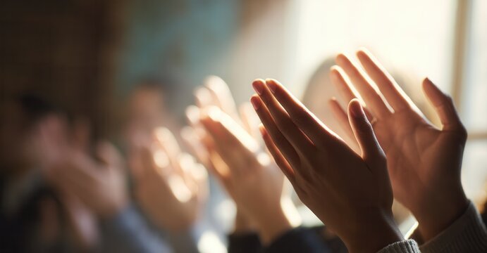 A group of people clapping their hands, bathed in sunlight, in a show of appreciation, support, or celebration during an event.