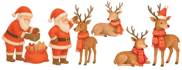 Vector freehand christmas set of minimalistic children's watercolor illustrations of deer and Santa Claus isolated on white background. Hand drawn reindeer watercolour clipart for design. © Julia