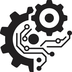 A black and white graphic shows a gear merging with circuit board lines, symbolizing the fusion of machinery and technology innovation.