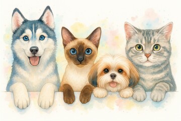 Fototapeta premium A group of four animals, including a dog, a cat, a shih tzu, and a siamese cat, are posing for a picture. The dog is on the left, the cat is in the middle