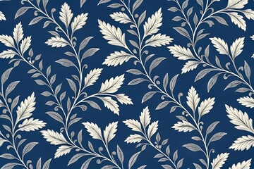 Elegant Floral Pattern with Ivory White Leaves and Vines on a Deep Navy Blue Background, Creating a Sophisticated and Timeless Design for Textiles or Wallpaper.