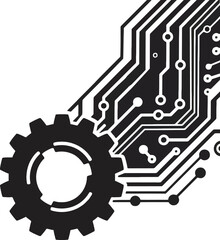 Obraz premium A black and white graphic shows a gear merging with circuit board lines, symbolizing the fusion of machinery and technology innovation.