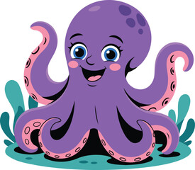 cute purple octopus cartoon illustration with big eyes and happy smile for kids ocean-themed designs and underwater characters