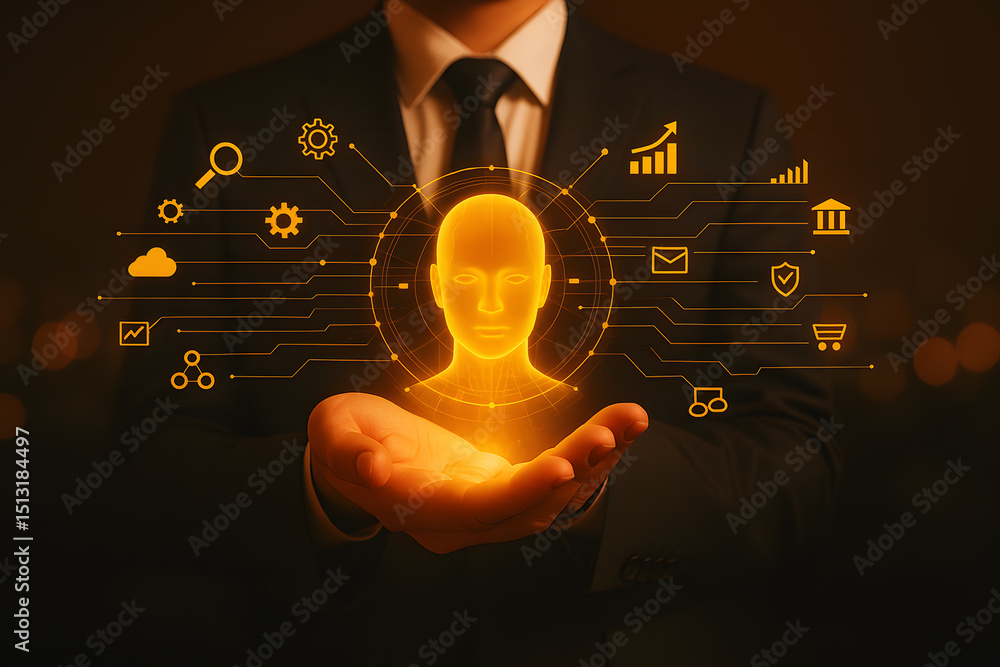 Poster man holding glowing digital humanoid ai in cyberpunk environment representing artificial intelligenc