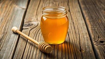 Golden Honey in Glass Jar with Wooden Honey Dipper on Rustic Wooden Table