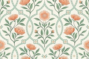 Elegant floral pattern featuring peach flowers, verdant leaves, and a decorative latticework design on a cream backdrop, ideal for wallpaper, fabric, and vintage-inspired backgrounds.