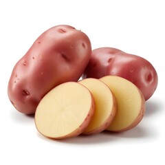 Fresh Red Potatoes Whole and Sliced on White Background