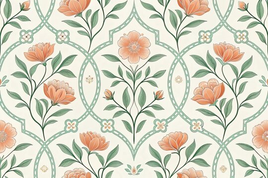 Elegant floral pattern featuring peach flowers, verdant leaves, and a decorative latticework design on a cream backdrop, ideal for wallpaper, fabric, and vintage-inspired backgrounds.