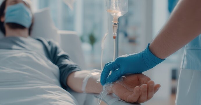 A patient receives an intravenous drip, showing hospital care, medical intervention, and the role of healthcare professionals.