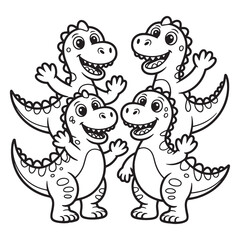 Group of Happy Dinosaurs Waving Coloring Page