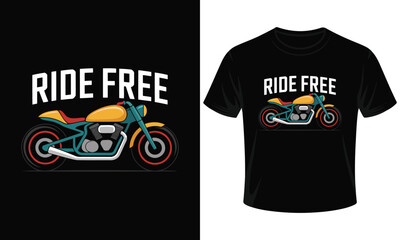 vintage motorcycle t-shirt design with bold ride free slogan for bikers and motorbike enthusiasts, retro custom chopper graphic tee