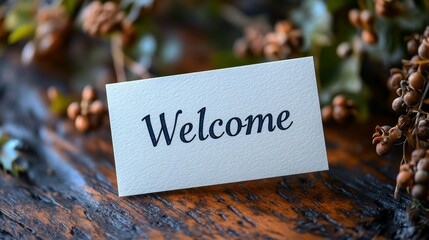 Warm Rustic Greetings: Welcome Message on Textured Paper Amidst Autumnal Foliage and Aged Wood Backdrop